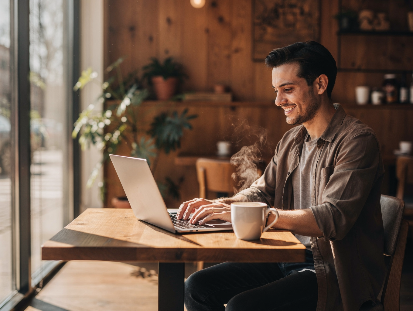 Small business owner smiling while working on a laptop at a sunlit wooden desk