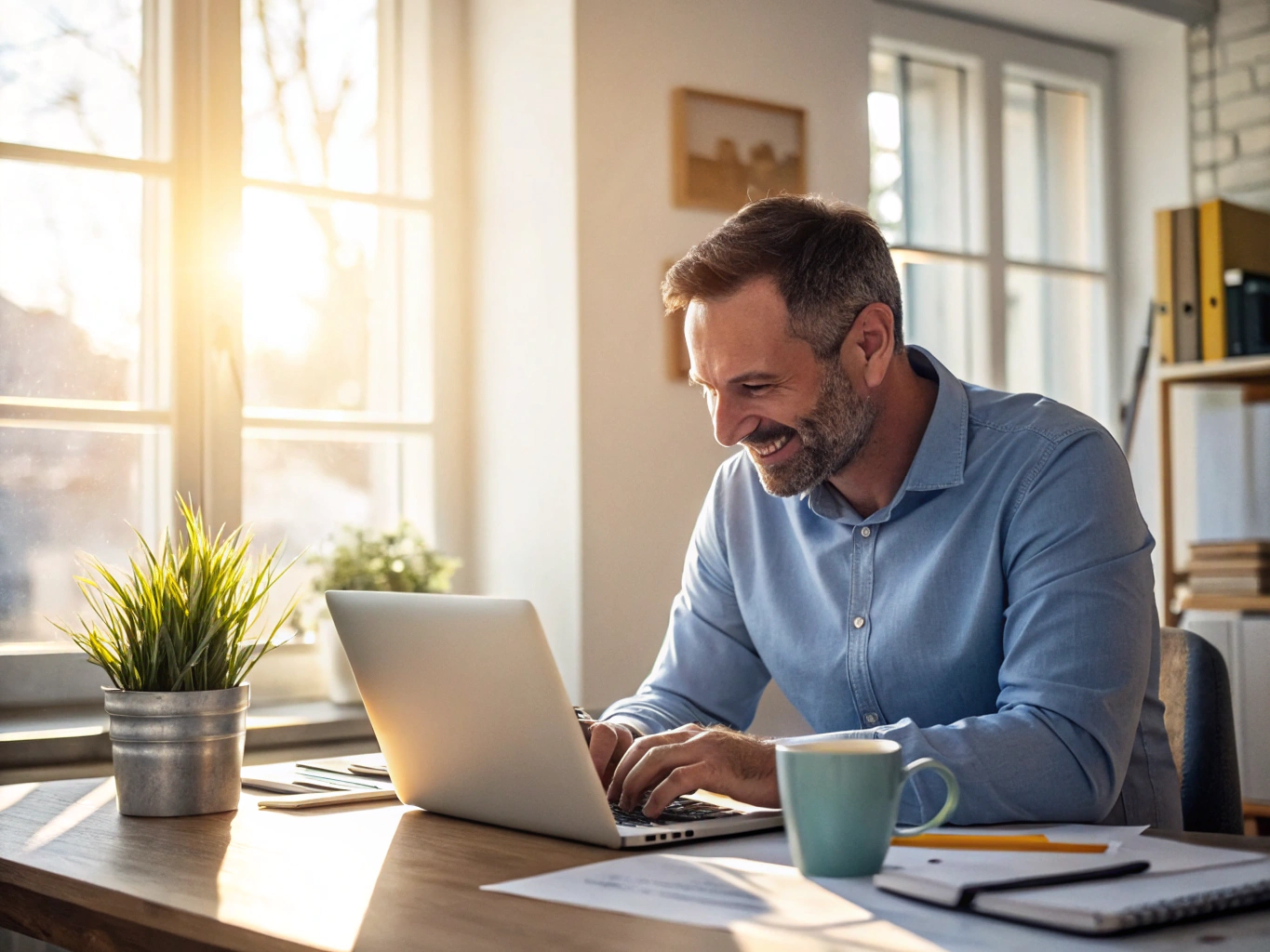 Local business owner smiling in a bright sunlit studio while checking their website on a laptop