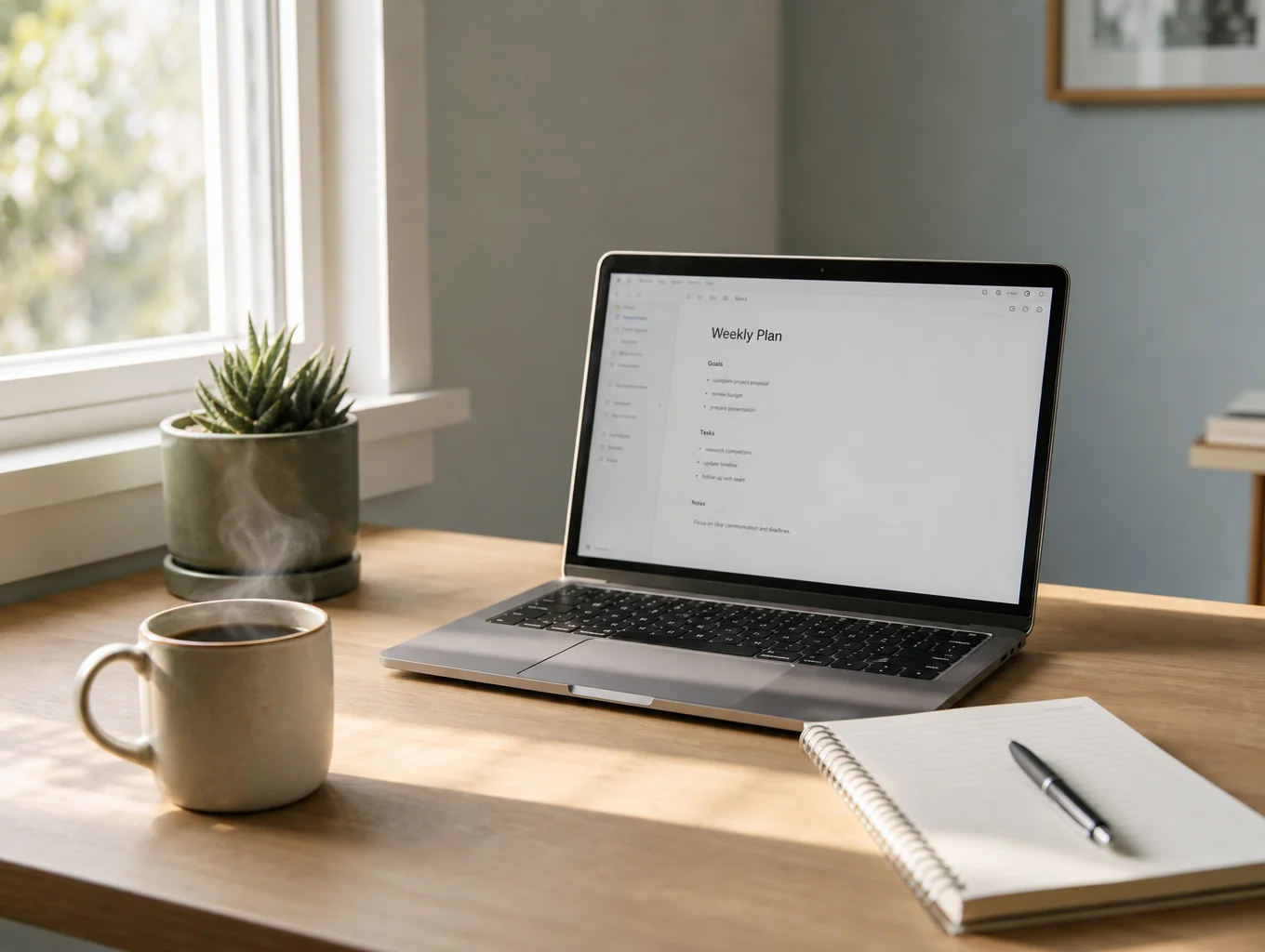Laptop and ceramic coffee mug on a sunlit wooden studio desk